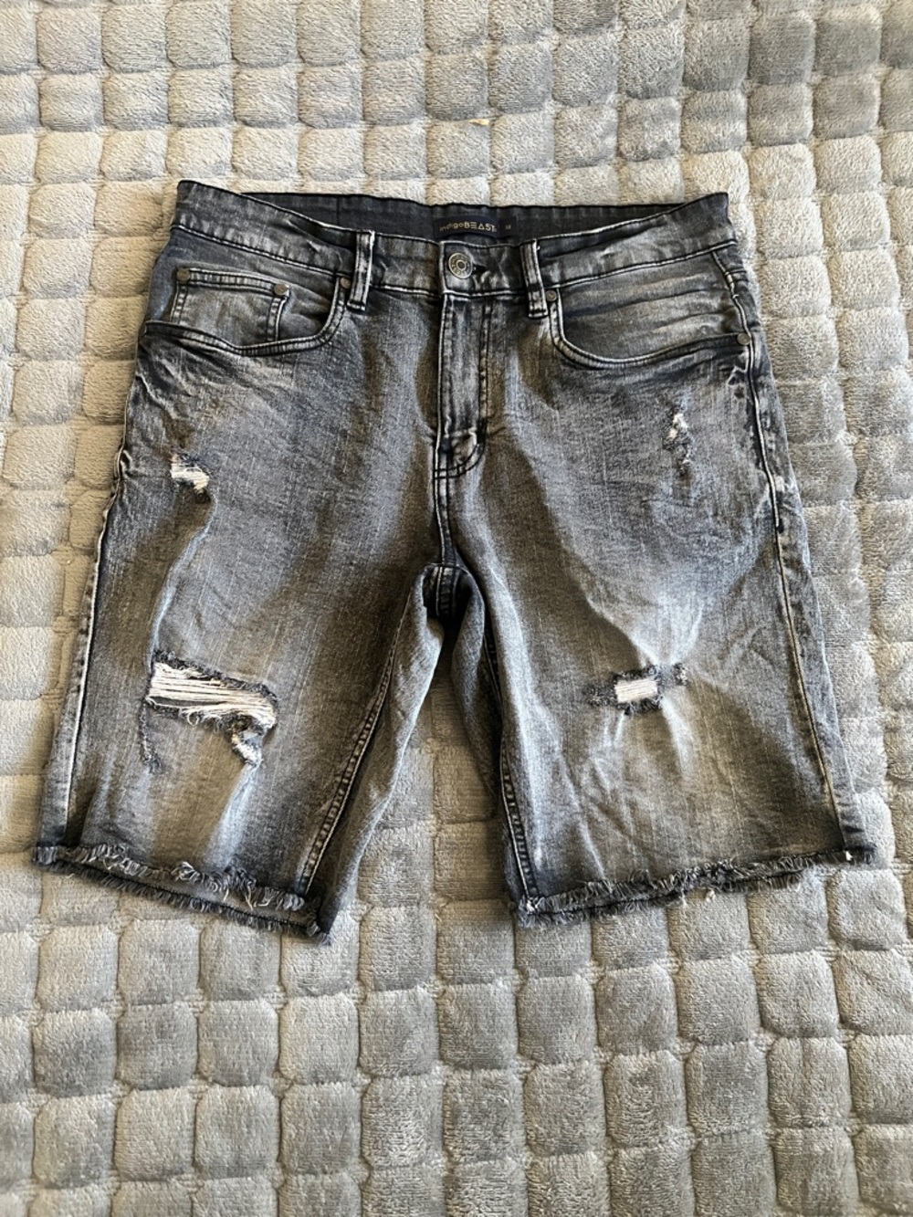 Men's Distressed Black-Gray Denim Jean Shorts
